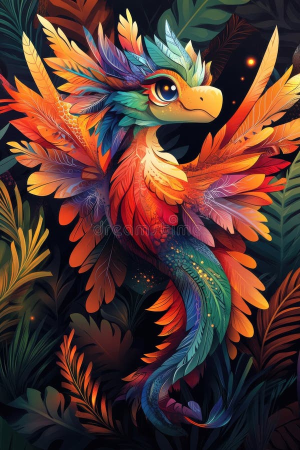 Pasăre mitică vibrantă cu pene colorate înconjurată de frunze tropicale lucioase noaptea stock illustration