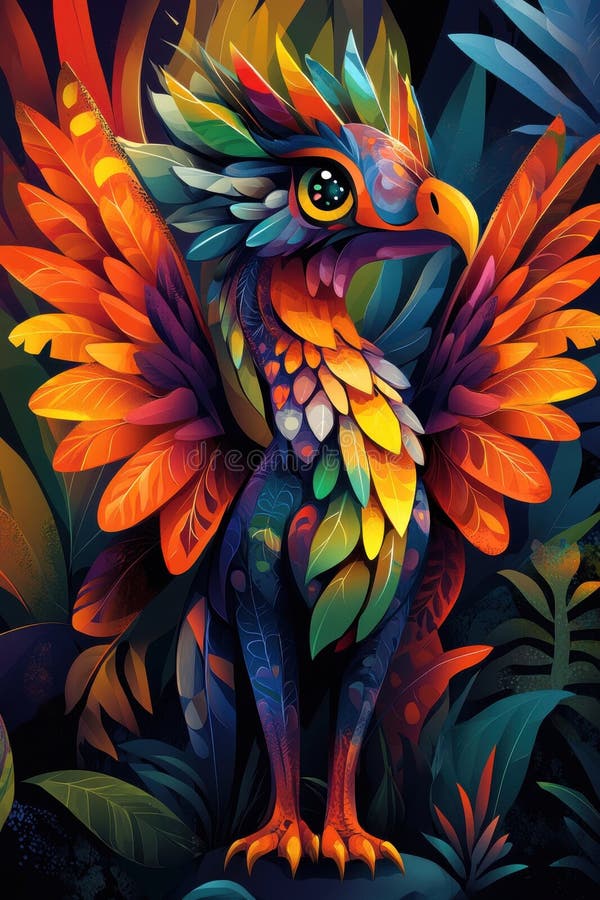 Pasăre mitică vibrantă cu pene colorate într-o junglă luxoasă stock illustration