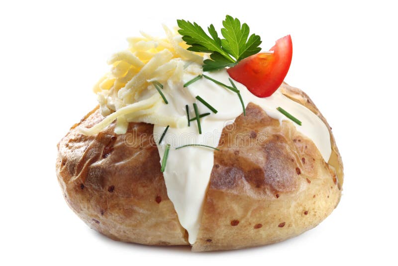 Baked potato filled with sour cream, grated cheese, and tomato. Garnished with chives and parsley, isolated on white. Baked potato filled with sour cream, grated cheese, and tomato. Garnished with chives and parsley, isolated on white.