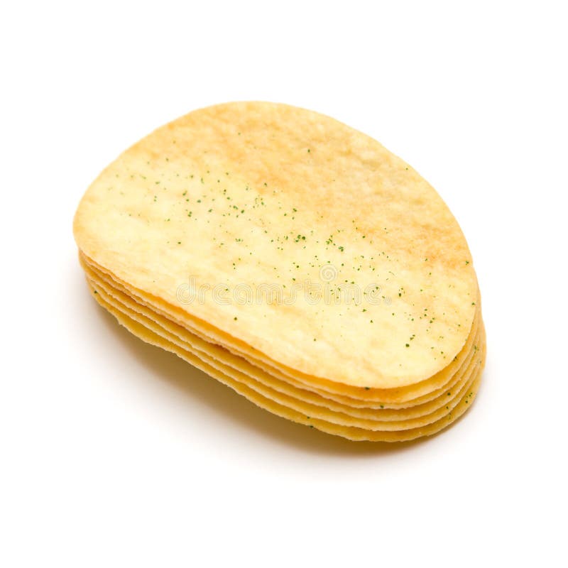 Stack of sour cream and onion potato chips on isolated white background. Stack of sour cream and onion potato chips on isolated white background