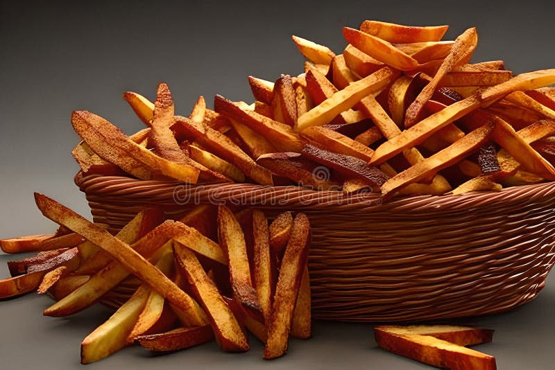 Patatas fritas caseras caseras de oro rústico en cesta tejida. Patatas fritas picantes chunky en filete casero de canasta. imagen generada por ai.