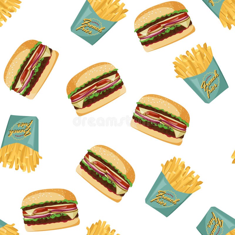Patatas fritas y fondo de hamburguesa Patrón fluido de vectores de comida rápida ilustración del vector