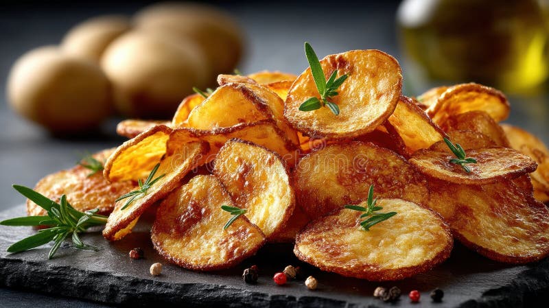 Patatine fritte con erbe fresche e spezie su piastra di ardesia illustrazione di stock