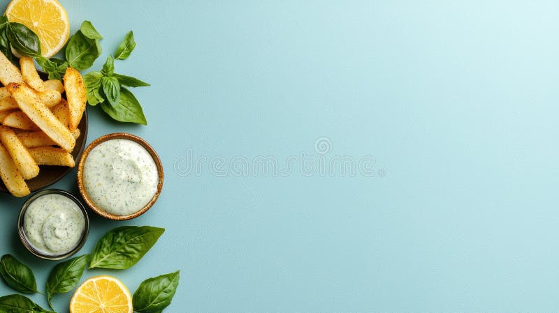 Patatine fritte con salsa per immersione di erbe e fette di limone illustrazione vettoriale