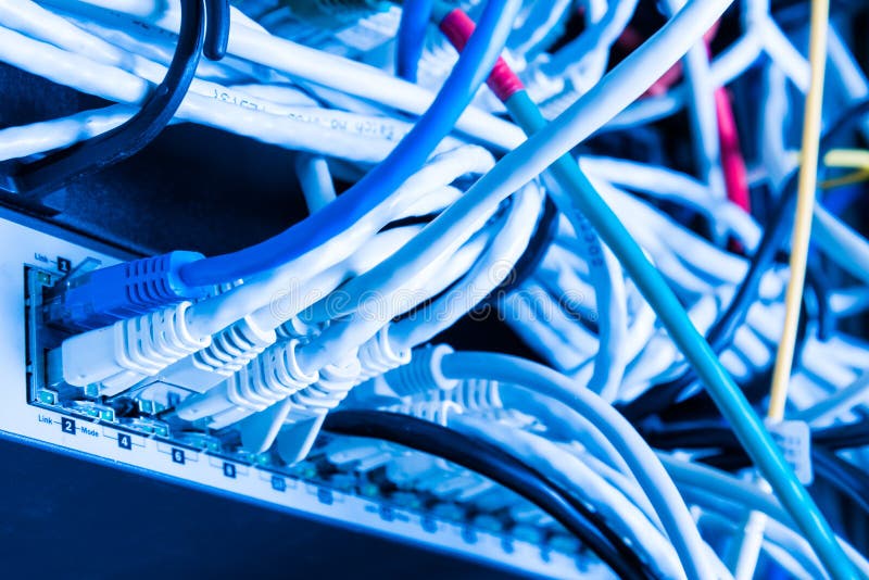 Patch cables connected to data router royalty free stock photography