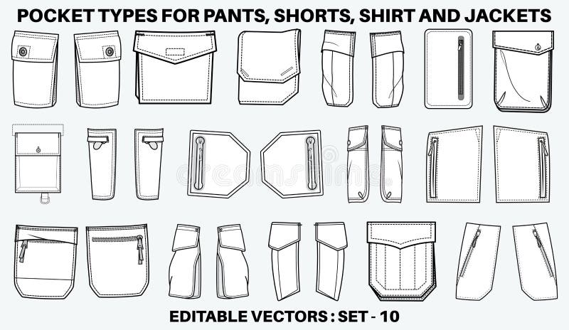 Patch Pocket Flat Sketch Vector Illustration Set, Different Types of ...