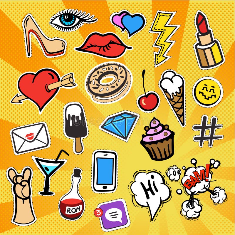 Patches and Stickers Collection, Hand Drawn Fashion Kit Stock Vector ...