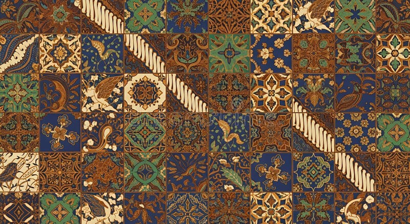 Πολύπλοκο μοτίβο patchwork με τετράγωνα κομμάτια σε μπλε, πράσινο και καφέ χρώματα, εθνοτικό διακοσμητικό σχέδιο για ύφασμα, κλωστ ελεύθερη απεικόνιση δικαιώματος