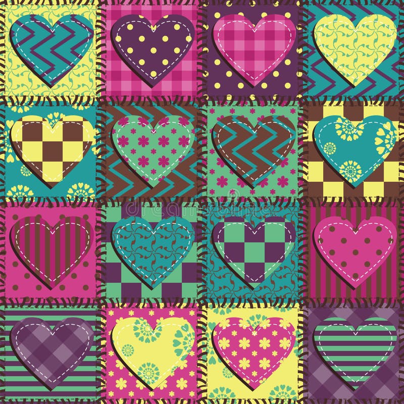 Patchwork background with different patterns illustration. Patchwork background with different textile patterns, fixed with thread illustration