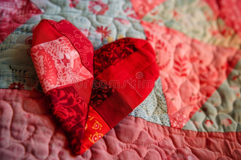 A patchwork heart composed of red fabrics on a quilt royalty free stock photo
