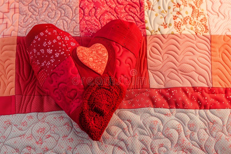 A patchwork heart composed of red fabrics on a quilt stock image