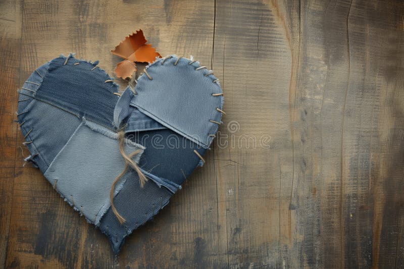 Patchwork heart made from denim fabric pieces on a rustic backdrop royalty free stock photo