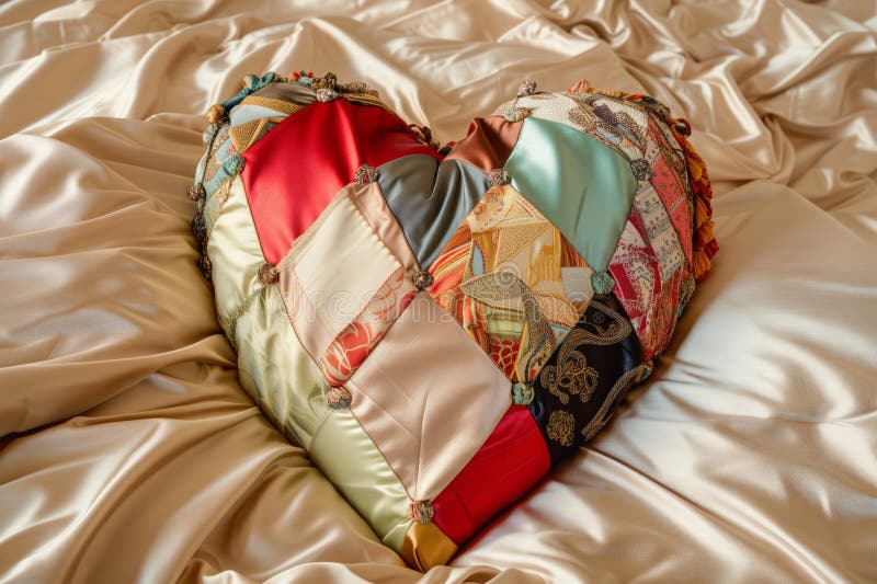 A patchwork heart made from satin fabrics on silk bedding stock photo