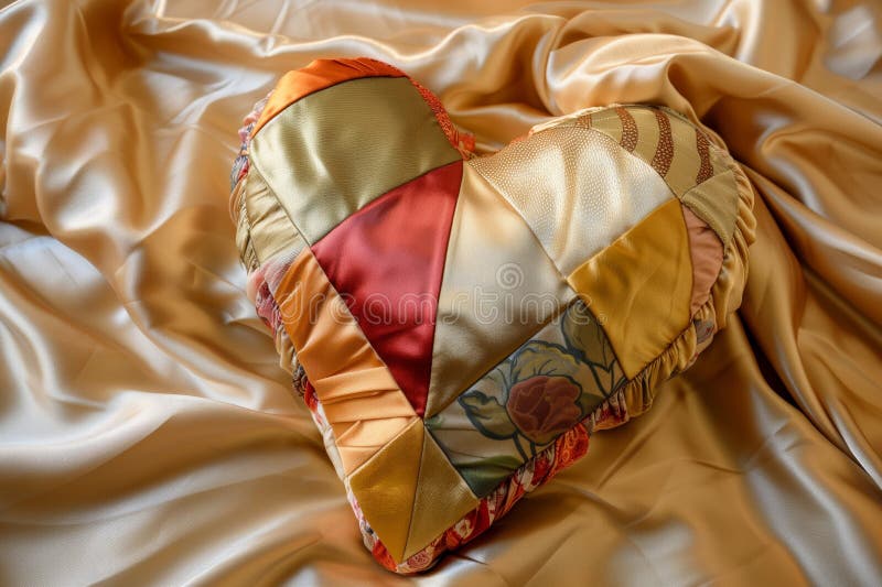 A patchwork heart made from satin fabrics on silk bedding royalty free stock images