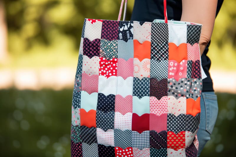 Patchwork heart patterned reusable shopping bag over an arm royalty free stock image