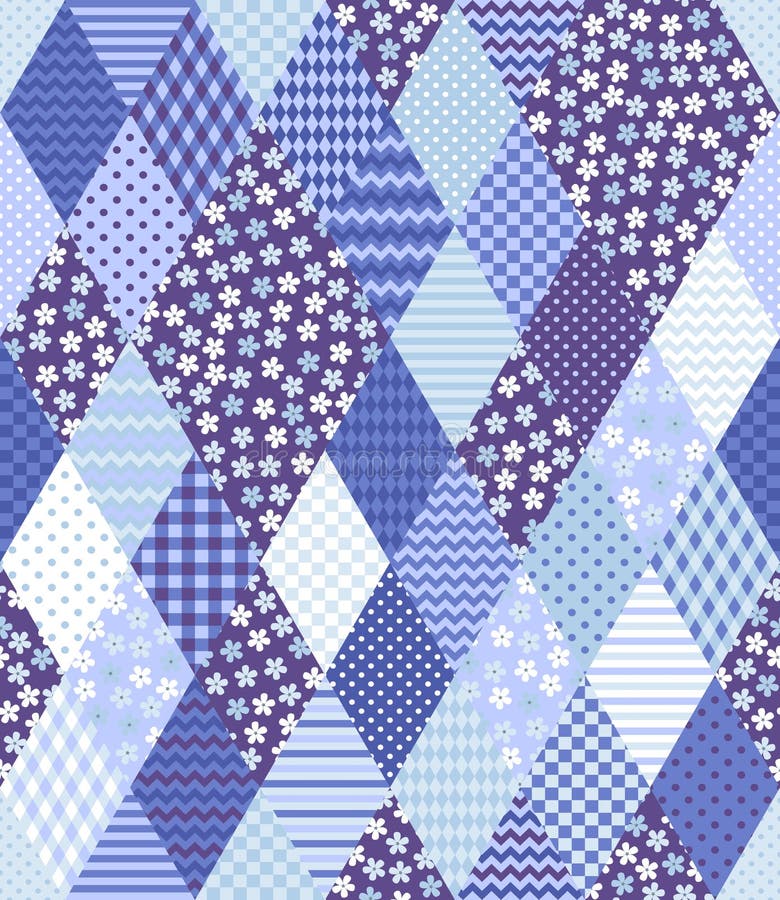 Patchwork i blåa färger Sömlös modell för vektor från romblappar med geometriska och blom- prydnader stock illustrationer Patchwork i blåa färger Sömlös modell för vektor från romblappar med geometriska och blom- prydnader stock illustrationer