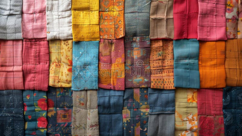τέχνη τοίχου patchwork, ζωντανά κομμάτια υφάσματος που διακοσμούν τον τοίχο, σχηματίζουν μια εκπληκτική διακόσμηση patchwork για μ στοκ εικόνα
