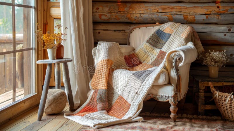 ρουστίκ διακόσμηση patchwork, παστέλ κουβέρτα patchwork σε ξύλινη σκάλα σε ένα σαλόνι αγροτόσπιτου, προσθέτοντας ρουστίκ γοητεία κ στοκ φωτογραφίες