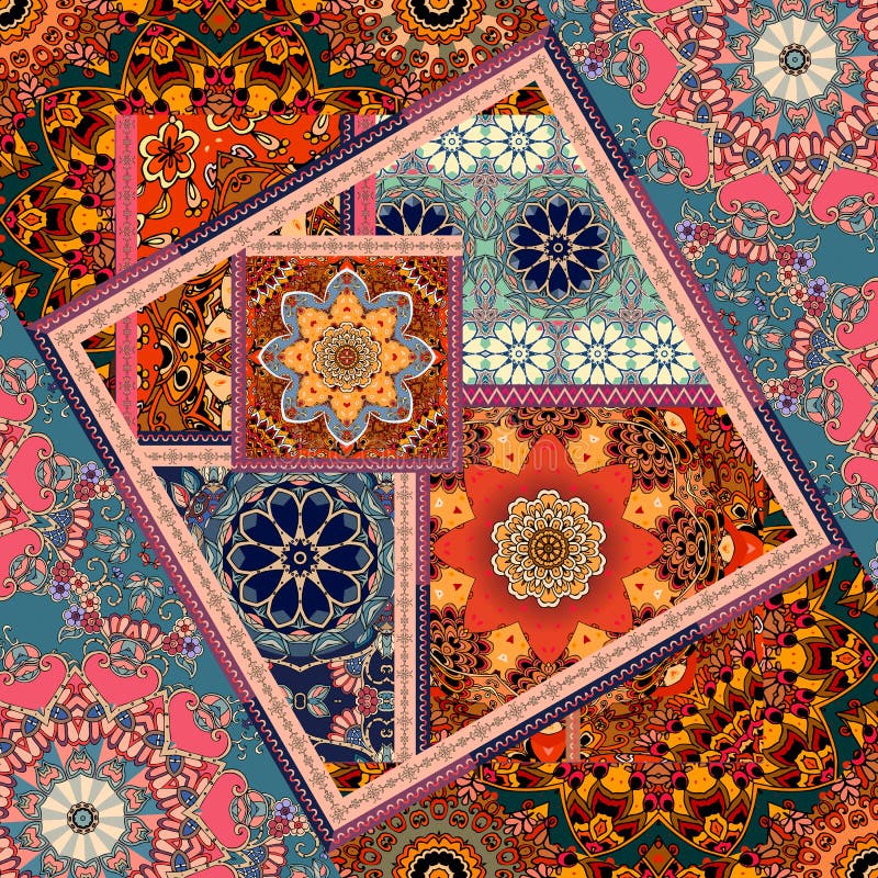 Patchwork pattern. Ethnic square carpet in indian style with flowers mandalas and ornamental frame. stock illustration Patchwork pattern. Ethnic square carpet in indian style with flowers mandalas and ornamental frame. stock illustration