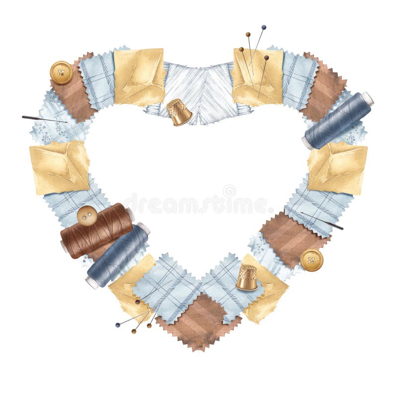 Patchwork. Pieces of fabric are laid out in the shape of a heart. Selection of fabric, thread, needles, pins, buttons royalty free stock photo