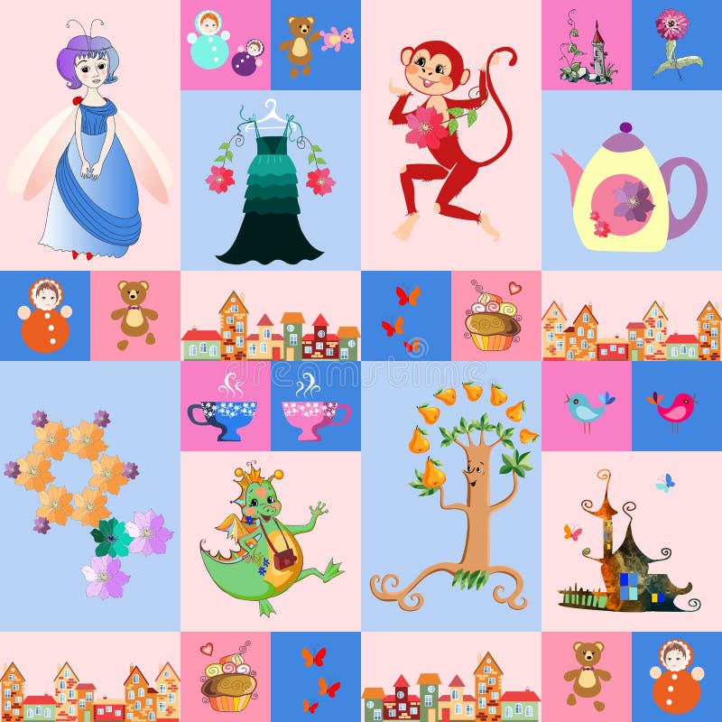 Patchwork pour des enfants Dirigez le fond d'imagination avec une fée, un dragon, un singe, un château, une théière et des tasses illustration libre de droits Patchwork pour des enfants Dirigez le fond d'imagination avec une fée, un dragon, un singe, un château, une théière et des tasses illustration libre de droits