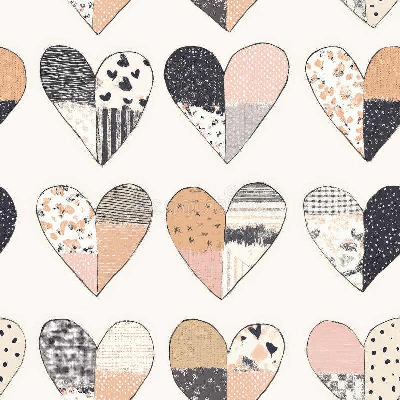 A patchwork-style heart pattern, where each heart is filled with a different textured fabric print stock images