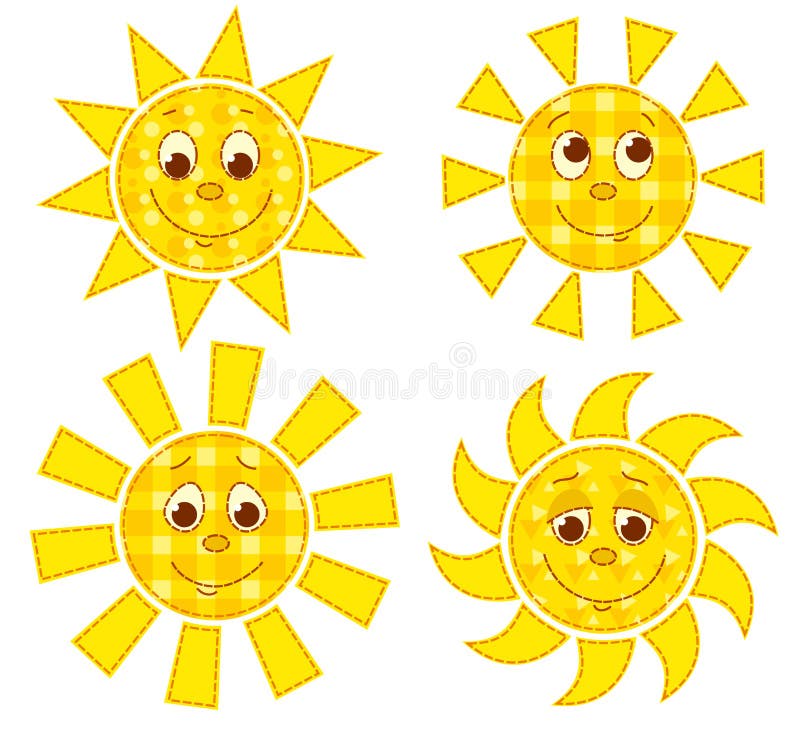 Set of patchwork happy suns. Cartoon illustration. Isolated on white. Set of patchwork happy suns. Cartoon illustration. Isolated on white.