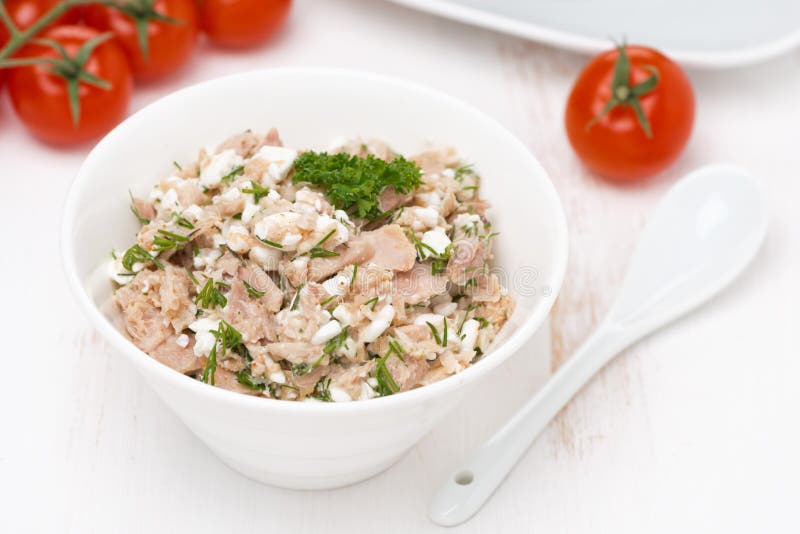 Pate with tuna, homemade cheese and herbs, top view