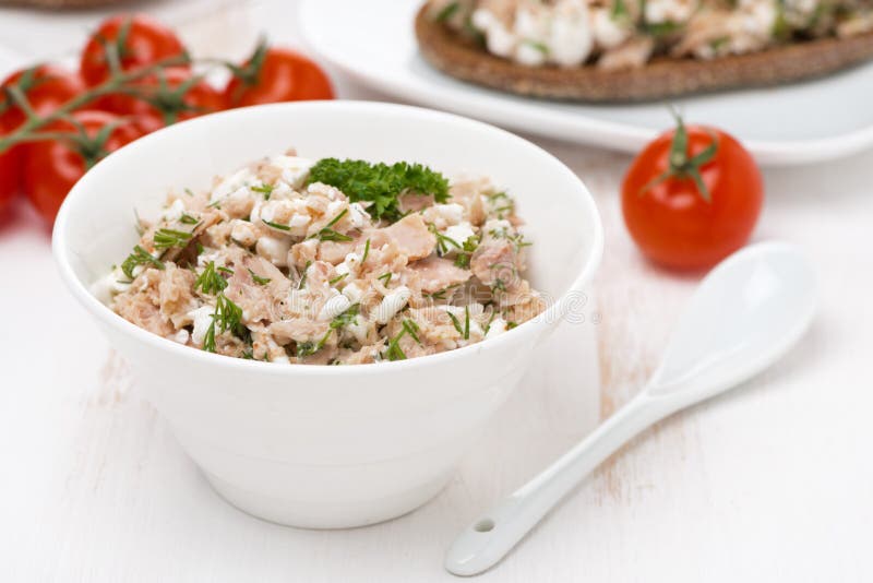 pate with tuna, homemade cheese and herbs in white bowl