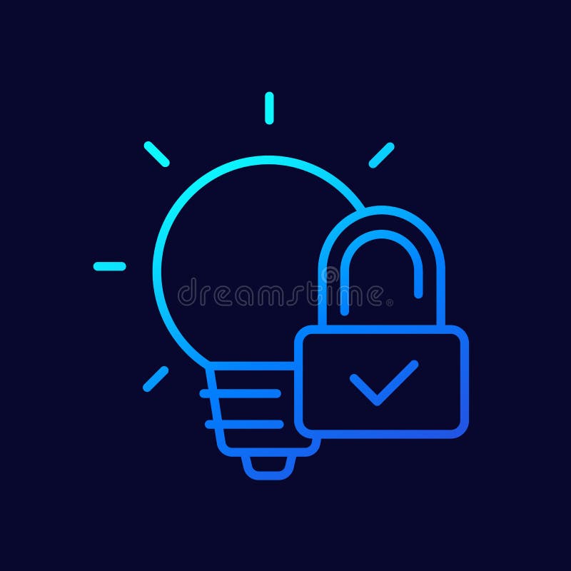 Patent Line Icon with Light Bulb and Lock, Vector Stock Vector