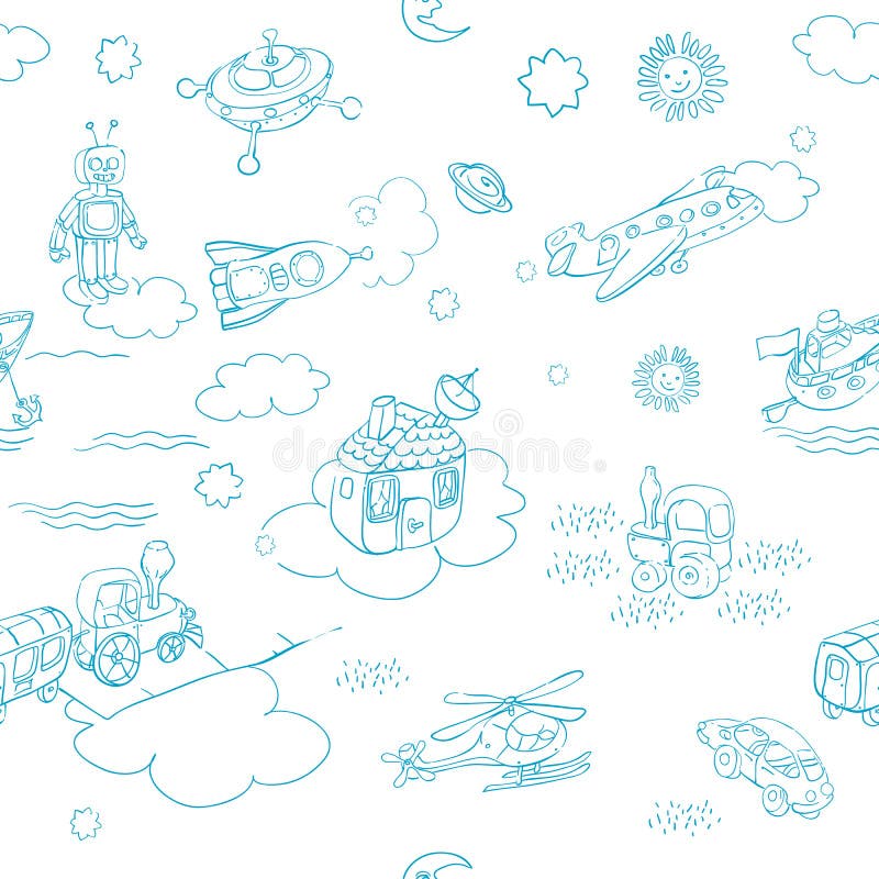 Patern azul de los doodles de los juguetes stock de ilustración Patern azul de los doodles de los juguetes stock de ilustración