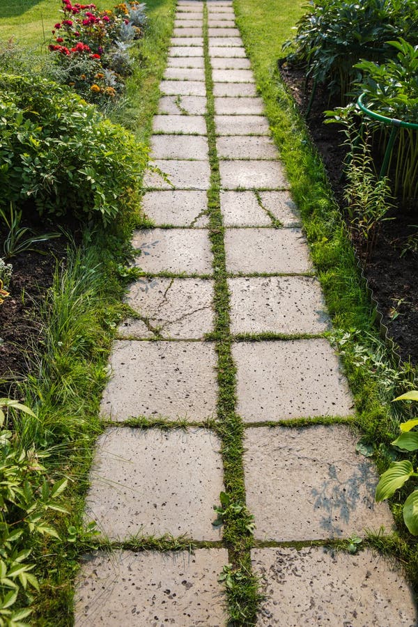 Path Of Concrete Tiles In Garden Stock Photo - Image of construction