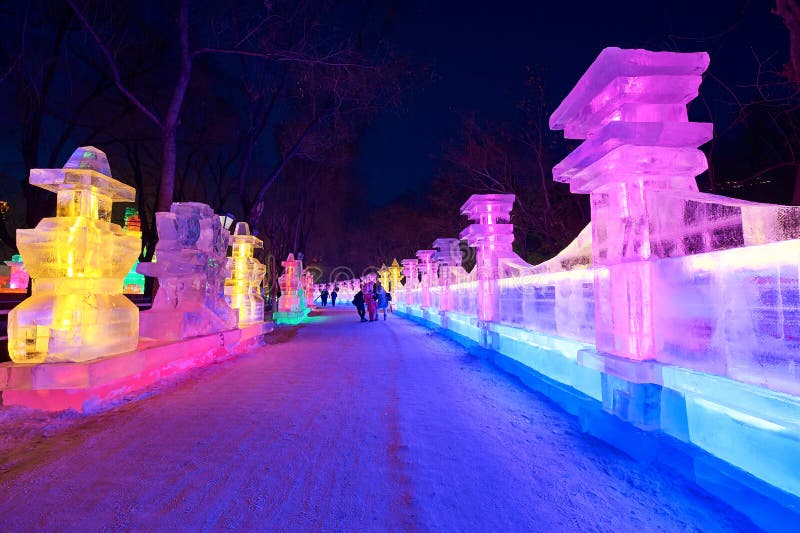 The path of ice sculpture in the park nightscape