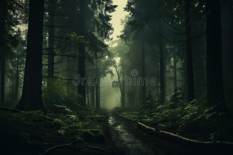 A path in the middle of a dense foggy forest. Generated by artificial intelligence vector illustration