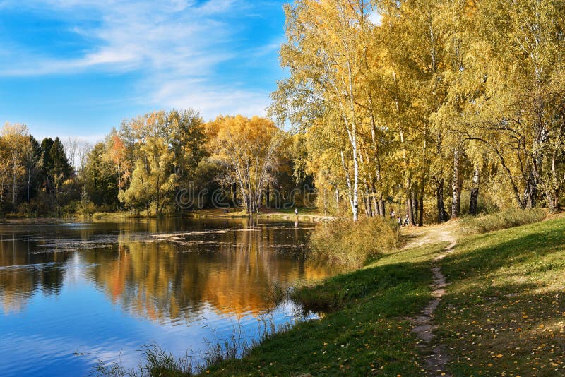 The Path Near the Lake Shore in Autumn Day Stock Photo - Image of pond ...