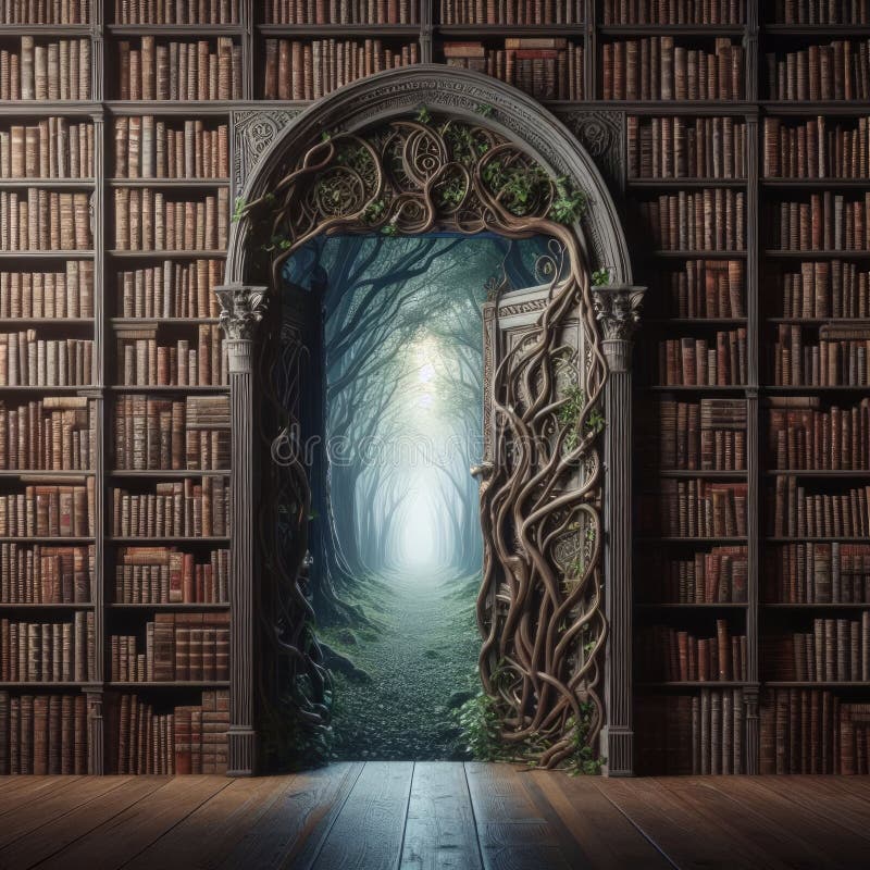 Path to Enchanted Forest. An enchanting door in a library opens to a forest path, creating a scene of magic and nature.