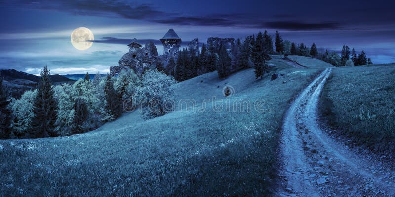 Path to fortress ruins on hillside with forest at night