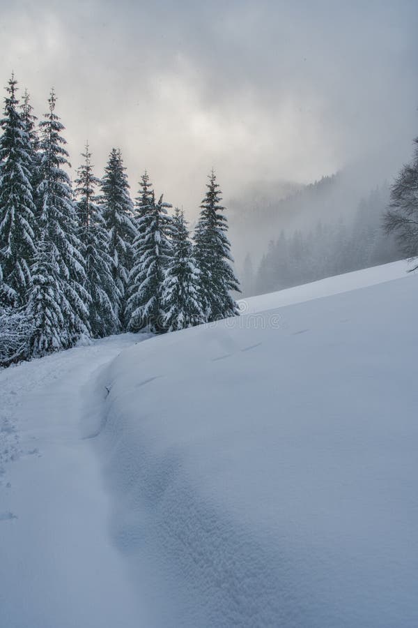 Path to Raztocke sedlo saddle under Salatin peak in Low Tatras mountains during winter