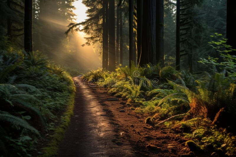 A path through the woods with sunbeams shining through the trees vector illustration