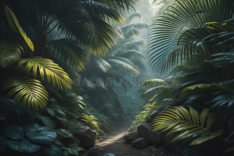 A Pathway in Tropical Rainforest with Palm Trees and Path in the Mist