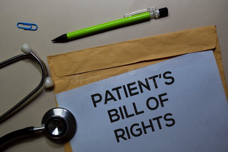 Patient`s Bill of Rights text on document above brown envelope and stethoscope. Healthcare or medical concept