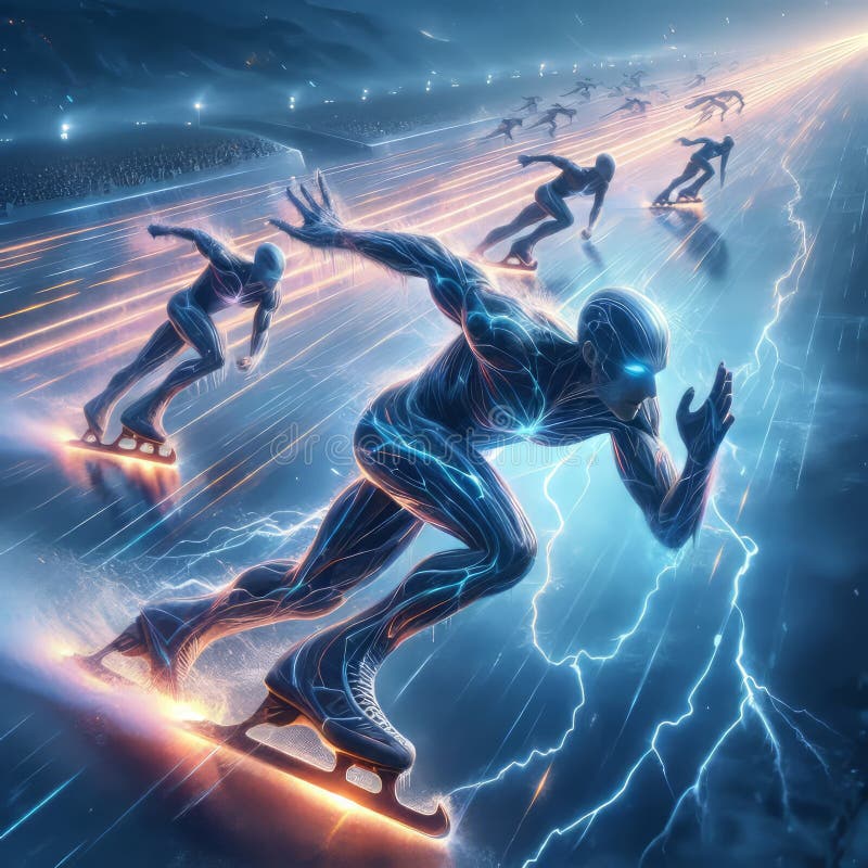 Speed Skating A scene where speed skaters race on a track made of frozen lightning, leaving streaks of glowing energy in their wake, photorealistic. Speed Skating A scene where speed skaters race on a track made of frozen lightning, leaving streaks of glowing energy in their wake, photorealistic
