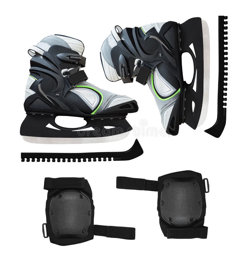 Patines de hielo y accesorios protectores imagen de archivo Patines de hielo y accesorios protectores imagen de archivo