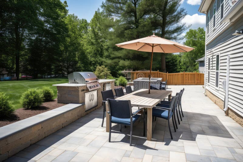 Patio with Builtin Grill and Seating for Outdoor Dining Stock