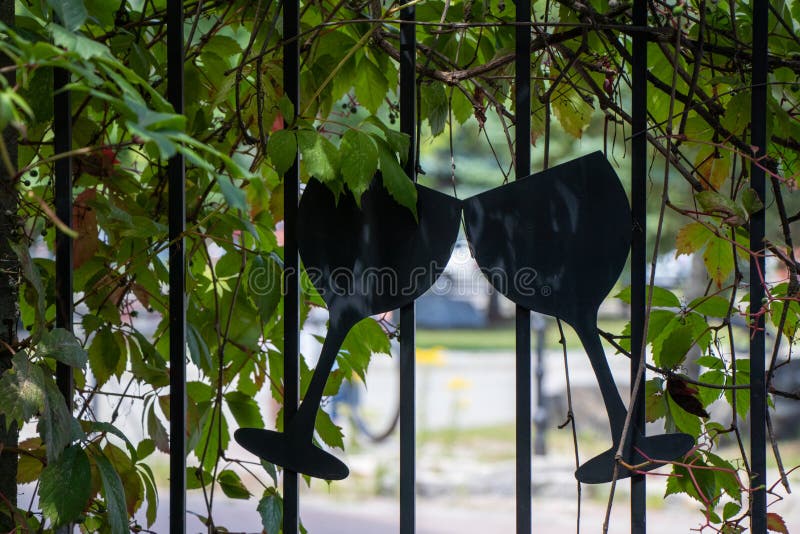 Patio Gate Covered with Grape Vines and Decorated with Wine Glasses