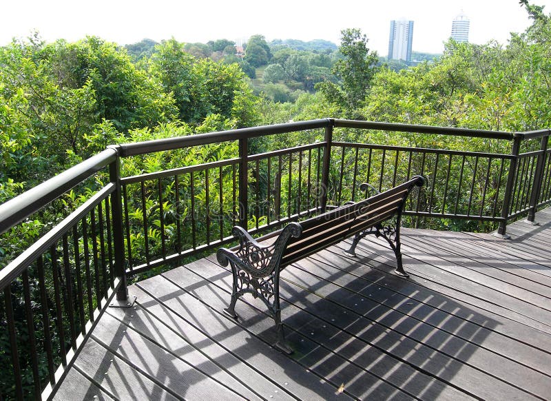 Patio looking over tree tops. Part of a very unusual nature walk - a wooden boardwalk built to take the walker on a meandering trail through the tree top canopy of a tropical secondary forest. Portions such as this shown in the picture is for walkers to take a rest and enjoy the view. The nature lover can observe canopy wildlife (eg. birds, monkeys, squirrels) and plant life close up, while enjoying the breeze gently flowing through the tree top foliage. Taken in a nature forest reserve of Singapore, the Garden City. A popular outdoor hiking trail. Great place for eco-tourism. Also image ID 4965508. Patio looking over tree tops. Part of a very unusual nature walk - a wooden boardwalk built to take the walker on a meandering trail through the tree top canopy of a tropical secondary forest. Portions such as this shown in the picture is for walkers to take a rest and enjoy the view. The nature lover can observe canopy wildlife (eg. birds, monkeys, squirrels) and plant life close up, while enjoying the breeze gently flowing through the tree top foliage. Taken in a nature forest reserve of Singapore, the Garden City. A popular outdoor hiking trail. Great place for eco-tourism. Also image ID 4965508