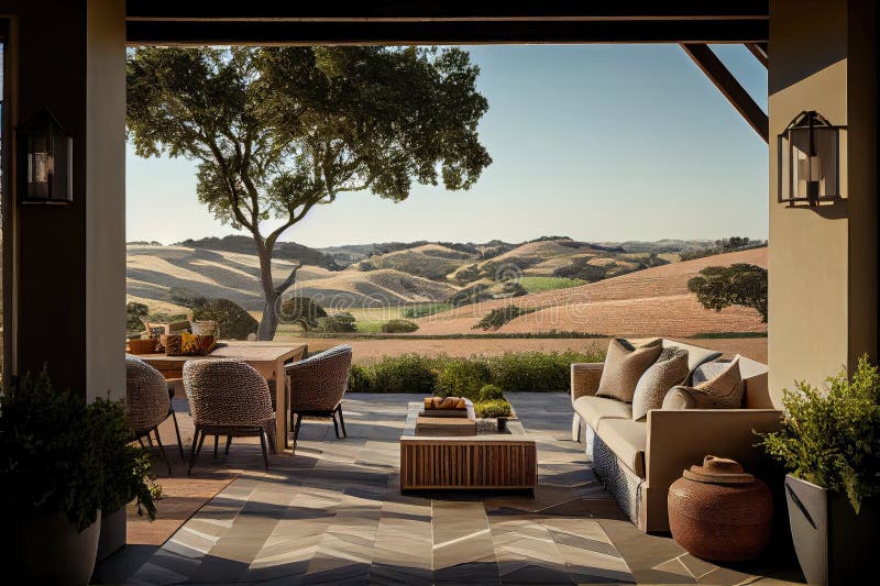 Patio with View of Rolling Hills, Surrounded by Greenery Stock