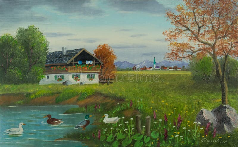 Patos pela lagoa com uma casa na frente de uma vila ilustração stock Patos pela lagoa com uma casa na frente de uma vila ilustração stock