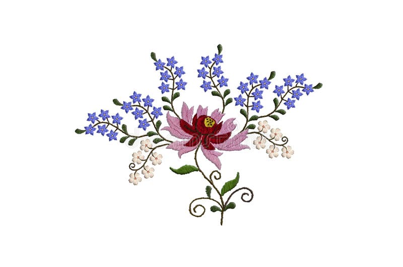 Patrón De Bordado De Un Ramo De Flores Azules Y Blancas Sobre Ramas  Torcidas Con Hojas Y Flores Grandes Y Pétalo Rojo Y Rosa Stock de  ilustración - Ilustración de curvado, modelo: