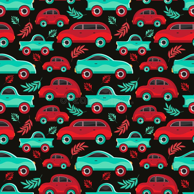 Patrón Transparente De Coches De Dibujos Animados Verdes Y Rojos En Vector Plano Vehículo De Transporte Los Niños Adorables Carro Ilustración del Vector